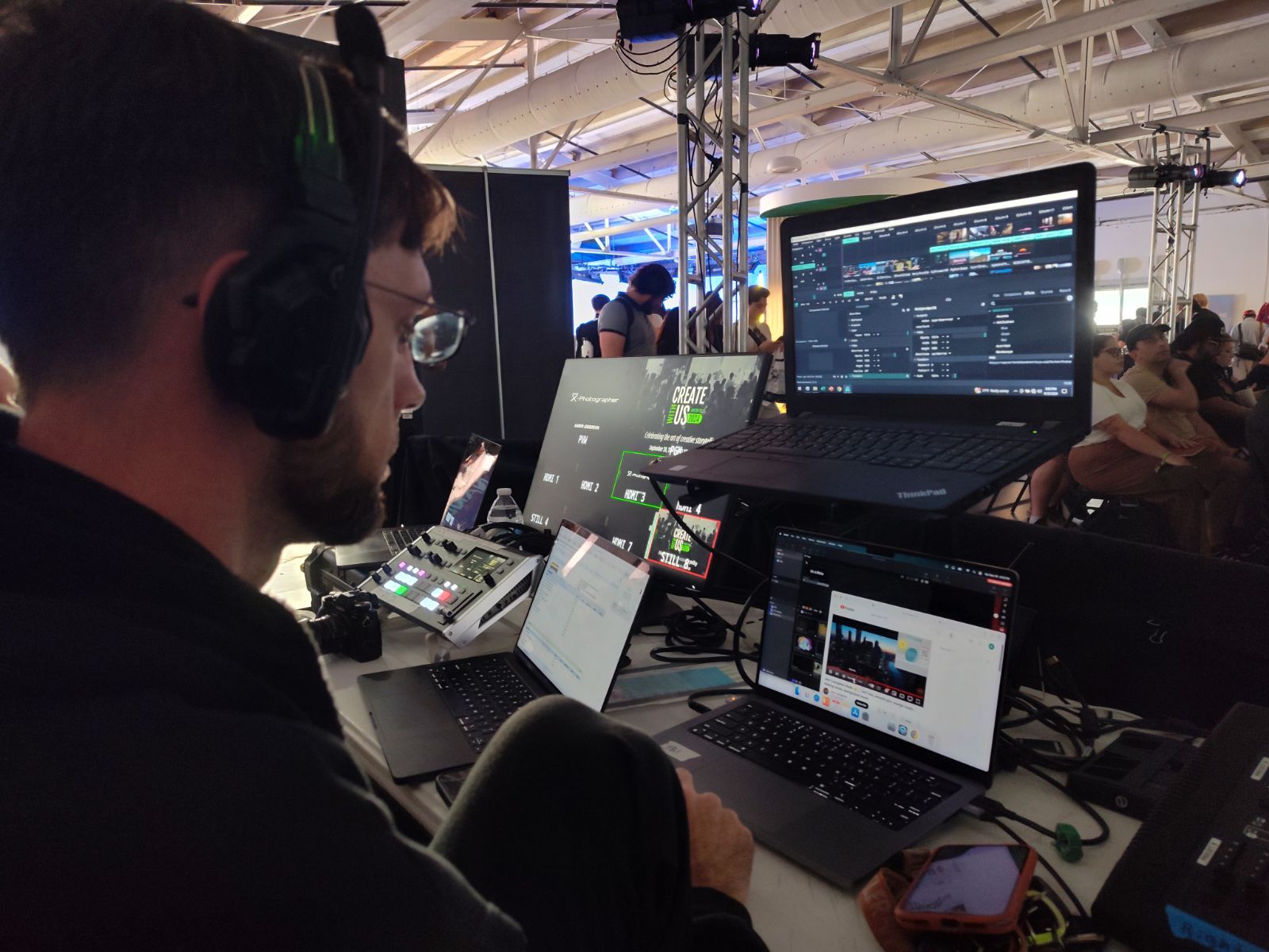 Logan switching a live broadcast on headset